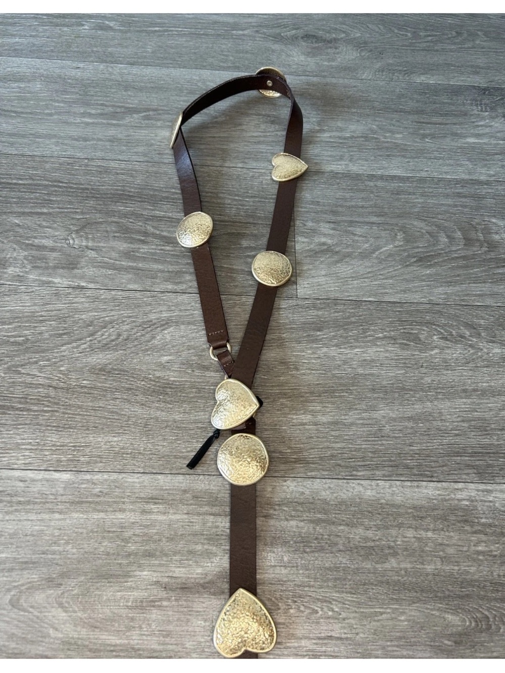 ZARA Hammered Gold Heart Drop Belt Brown Leather Size 85 Statement Design NWOT M - Picture 13 of 15